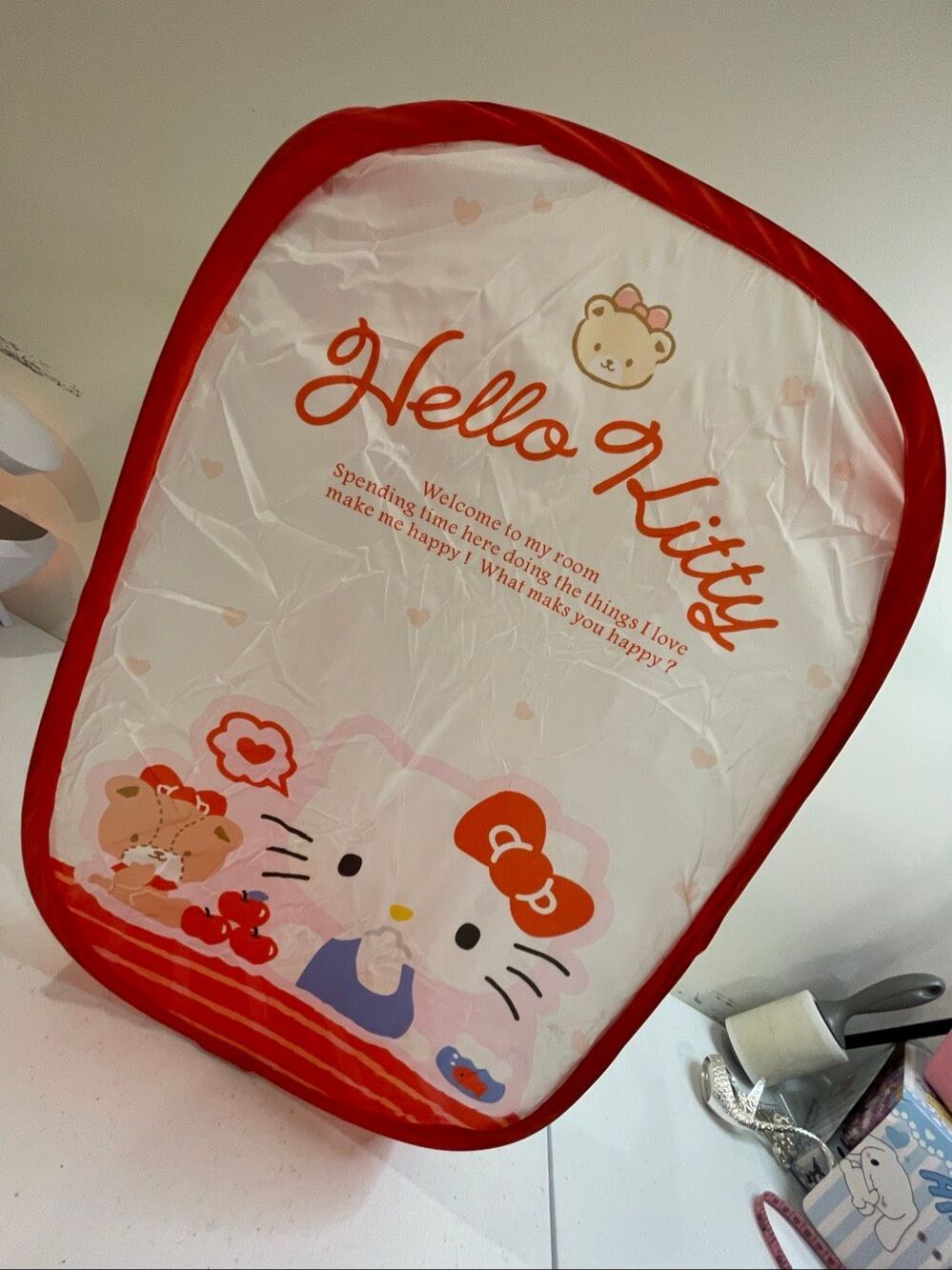 Sanrio Hello Kitty Laundry Hamper Mesh Foldable Red “Welcome to My Room”